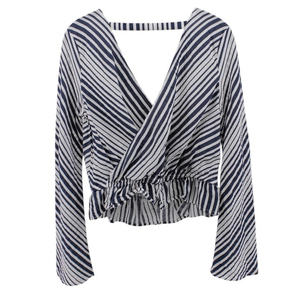 Express Nautical Stripe Ruffle Hem Deep V-Neck Casual Chic Blouse Coastal XS - Picture 5 of 9